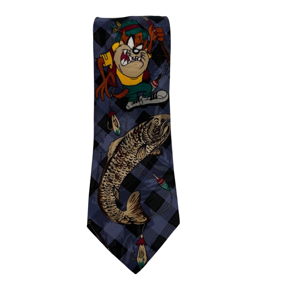 Looney Tunes Tazmanian Devil Fishing Tie 1996 Polyester Blue Plaid Work